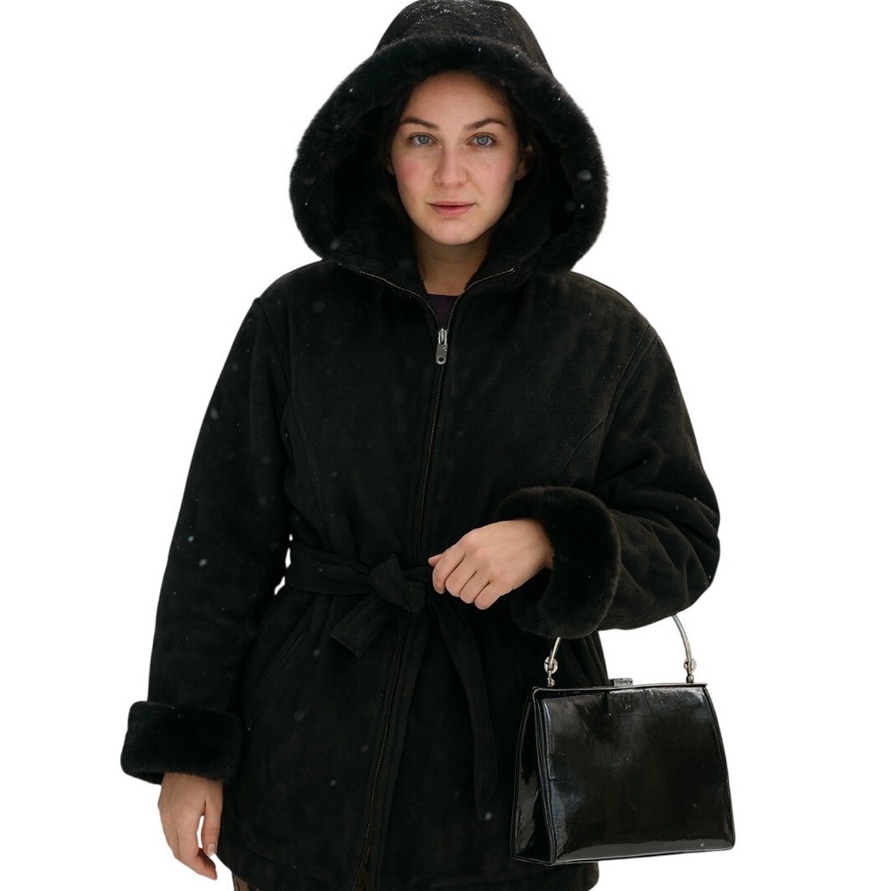 Vintage 90's Wilsons Leather Suede Faux Fur Hooded Black Jacket Women's‎ XL